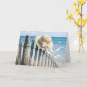 Birthday Summer Straw Hat On Beach Fence Karte (Gelbe Blume)