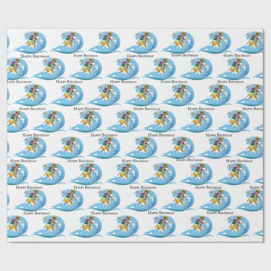 Birthday Surfer on Blue Wave Geschenkpapier (Flach)