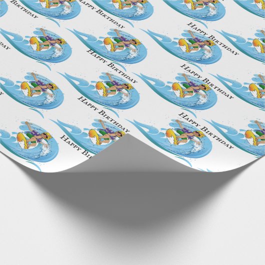 Birthday Surfer on Blue Wave Geschenkpapier (Ecke)