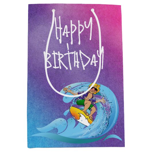 Birthday Surfer on Rainbow Wave Mittlere Geschenktüte (Vorderseite)