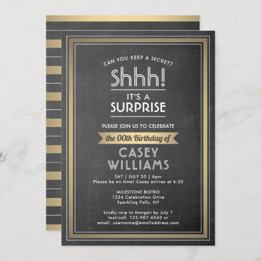 Birthday Surprise Party Black Chalkboard und Gold Einladung (Vorne/Hinten)