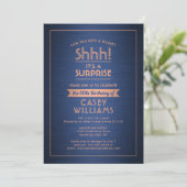 Birthday Surprise Party Brushed Navy Blue & Copper Einladung (Stehend Vorderseite)