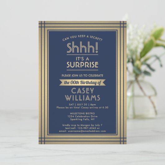 Birthday Surprise Party Elegant Navy Blue and Gold Einladung (Stehend Vorderseite)