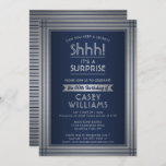 Birthday Surprise Party Elegant Navy Blue & Silver Einladung<br><div class="desc">Can you keep a secret? Invite family and friends to an elegant and exciting surprise birthday celebration with custom navy blue and silver party invitations. All wording on this template is simple to personalize, including message that reads "Shhh! It's a SURPRISE." The design features a modern striped border on a...</div>