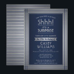 Birthday Surprise Party Elegant Navy Blue & Silver Einladung<br><div class="desc">Can you keep a secret? Invite family and friends to an elegant and exciting surprise birthday celebration with custom navy blue and silver party invitations. All wording on this template is simple to personalize, including message that reads "Shhh! It's a SURPRISE." The design features a modern striped border on a...</div>
