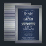 Birthday Surprise Party Elegant Navy Blue & Silver Einladung<br><div class="desc">Can you keep a secret? Invite family and friends to an elegant and exciting surprise birthday celebration with custom navy blue and silver party invitations. All wording on this template is simple to personalize, including message that reads "Shhh! It's a SURPRISE." The design features a modern striped border on a...</div>