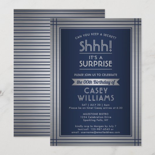 Birthday Surprise Party Elegant Navy Blue & Silver Einladung (Vorne/Hinten)