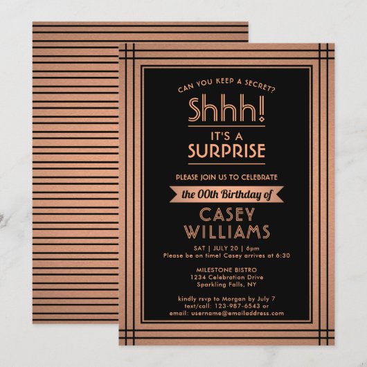 Birthday Surprise Party Elegant Schwarz und Kupfer Einladung (Vorne/Hinten)