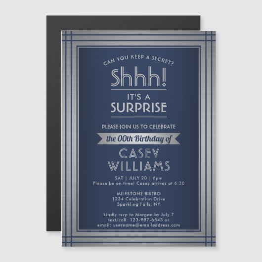 Birthday Surprise Party Elegante Navy Blue & Silve Magneteinladung (Vorne/Hinten)