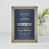 Birthday Surprise Party Elegante Navy Blue und Gol Save The Date (Stehend Vorderseite)