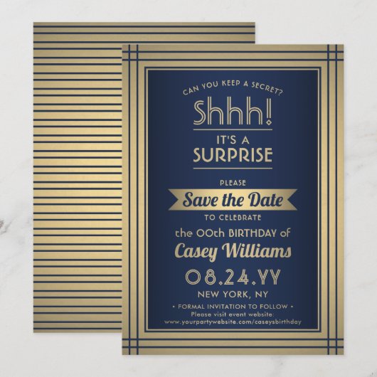 Birthday Surprise Party Elegante Navy Blue und Gol Save The Date (Vorne/Hinten)
