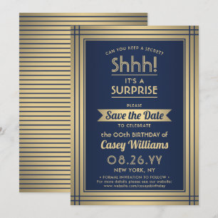 Birthday Surprise Party Elegante Navy Blue und Gol Save The Date