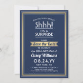 Birthday Surprise Party Navy Blue, White und Gold Save The Date (Vorderseite)