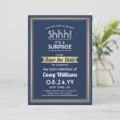 Birthday Surprise Party Navy Blue, White und Gold Save The Date (Stehend Vorderseite)
