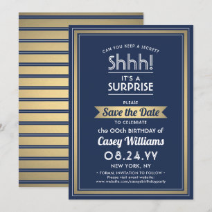 Birthday Surprise Party Navy Blue, White und Gold Save The Date