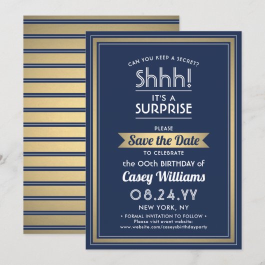 Birthday Surprise Party Navy Blue, White und Gold Save The Date (Vorne/Hinten)