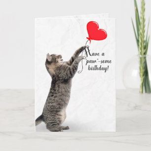 Birthday Tabby Cat mit Herzballon Karte