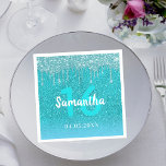 Birthday teal glitter blue green aqua monogram serviette<br><div class="desc">An elegant and glamorous sweet 16th (or any age) birthday party napkin. Teal, blue green gradient colored faux glitter background. Decorated with faux glitter drips, paint dripping look. Personalize and add a name, age 16 and a date. White and teal colored letters. The name is written with a hand lettered...</div>