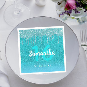 Birthday teal glitter blue green aqua monogram serviette