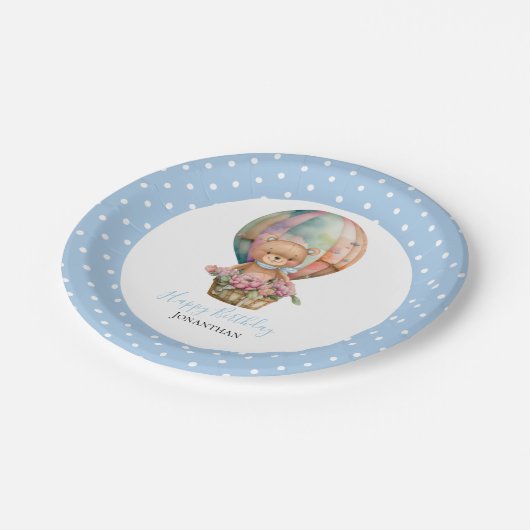 Birthday Teddy Bären Ballon Poke Dots Pappteller (Schrägansicht)