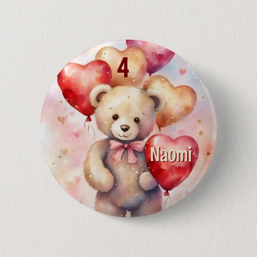 Birthday Teddy Bear geben Name & Age Little Girl's Button (Vorderseite)