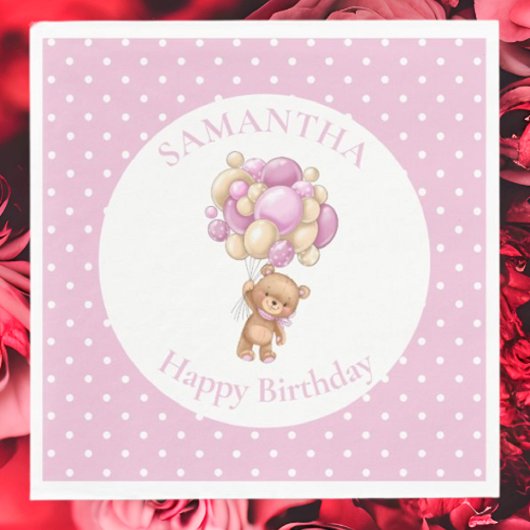 Birthday Teddy Bear PINK Balloons Serviette