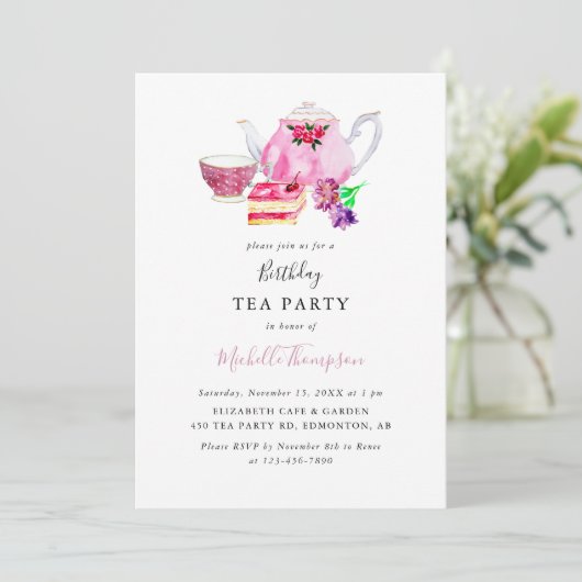 Birthday Tee Party Pink Teapot Script Wasserfarbe  Einladung (Stehend Vorderseite)