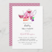 Birthday Tee Party Pink Teapot Script Wasserfarbe  Einladung (Vorne/Hinten)
