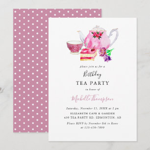 Birthday Tee Party Pink Teapot Script Wasserfarbe Einladung