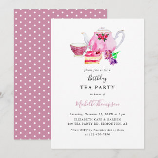 Birthday Tee Party Pink Teapot Script Wasserfarbe  Einladung