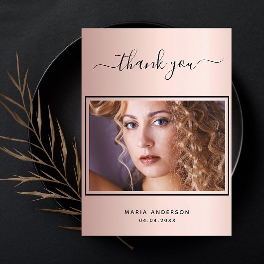 Birthday thank you custom photo rose gold glam postkarte