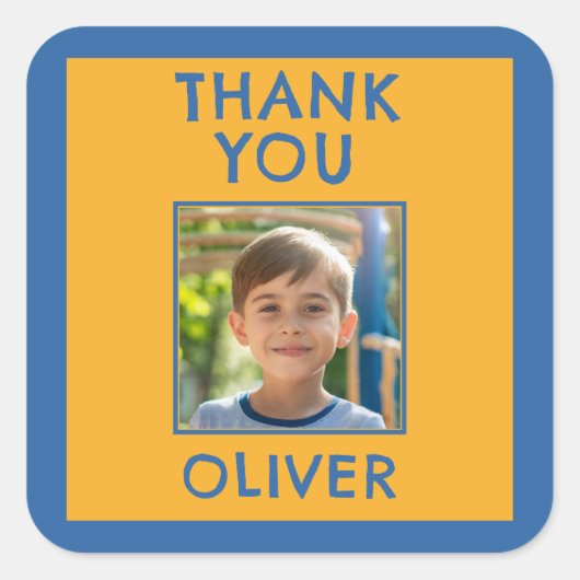 Birthday Thank you Kids Name & Photo Quadratischer Aufkleber (Vorderseite)