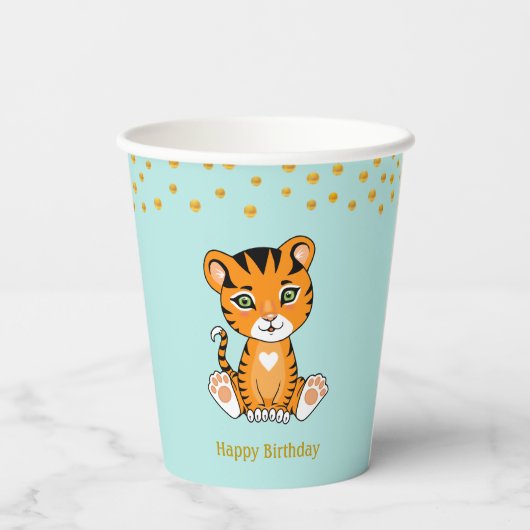 Birthday Tiger Cartoon & Gold Confetti Party Pappbecher (Rückseite)