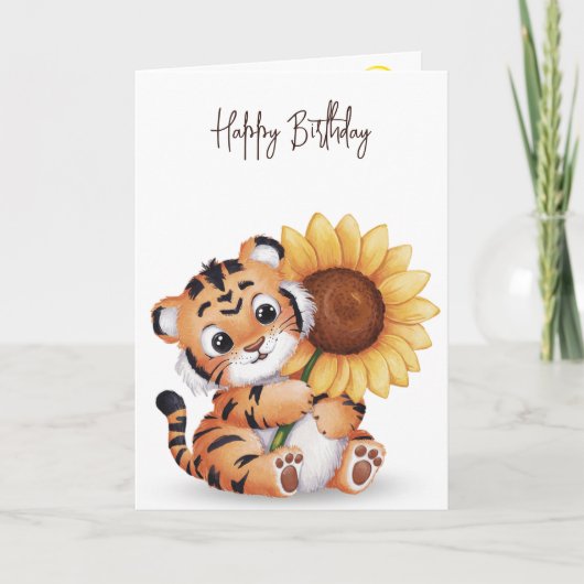 Birthday Tiger Holding a Sunflower Karte (Vorderseite)