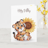 Birthday Tiger Holding a Sunflower Karte (Gelbe Blume)