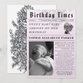 Birthday Times Newborn Birth Ankündigung (Vorne/Hinten)