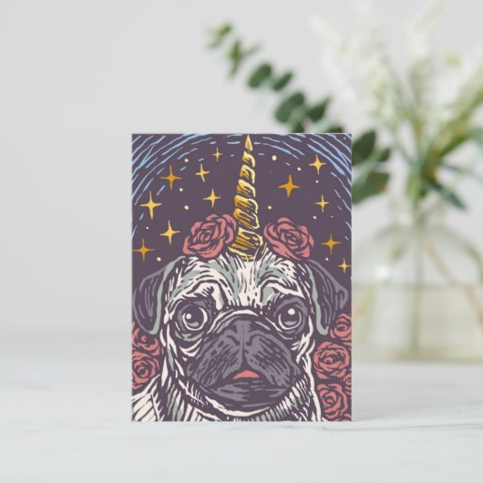 Birthday Unicorn Mops Postkarte (Stehend Vorderseite)