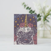 Birthday Unicorn Mops Postkarte (Stehend Vorderseite)