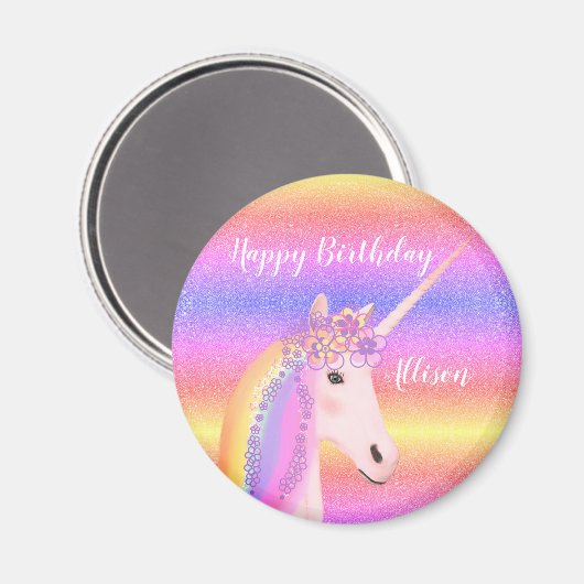 Birthday Unicorn Pastel Rainbow Glitzer Name Magnet (Vorderseite/Rückseite)