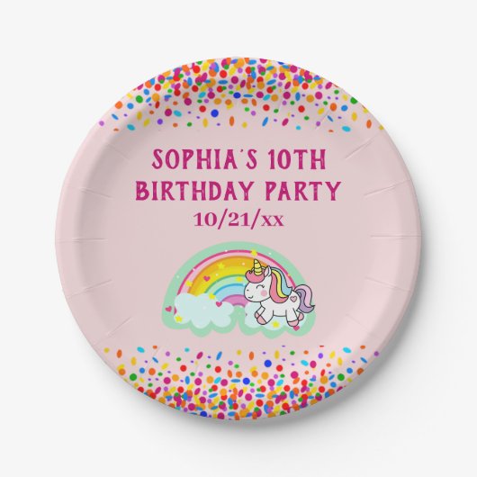 Birthday Unicorn Rainbow Confetti Pink Pappteller (Vorderseite)