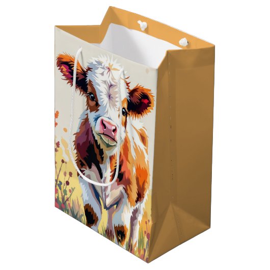 Birthday Watercolor Calf In Field Flowers Mittlere Geschenktüte (Vorderseite Schrägansicht)