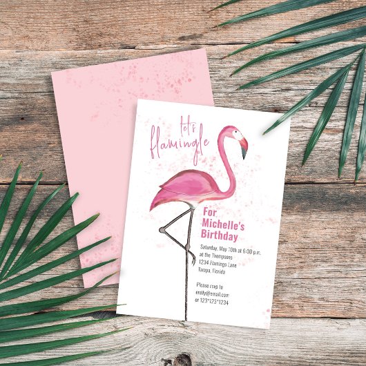 Birthday Watercolor Pink Tropical Beach Flamingo Einladung