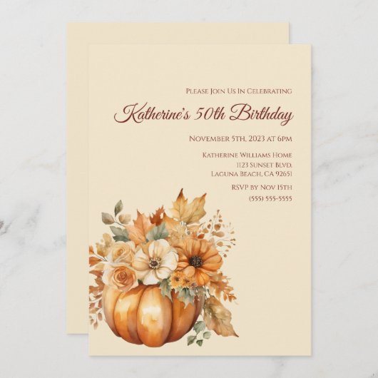 Birthday-Watercolor Pumpkin und Blume- Einladung (Vorne/Hinten)