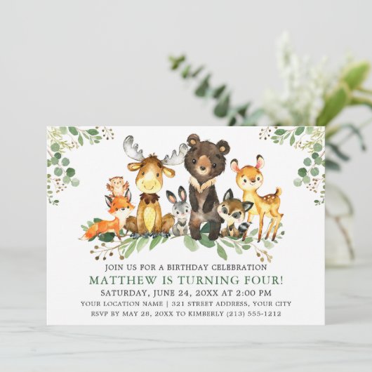 Birthday Watercolor Woodland Tiere Einladung (Stehend Vorderseite)