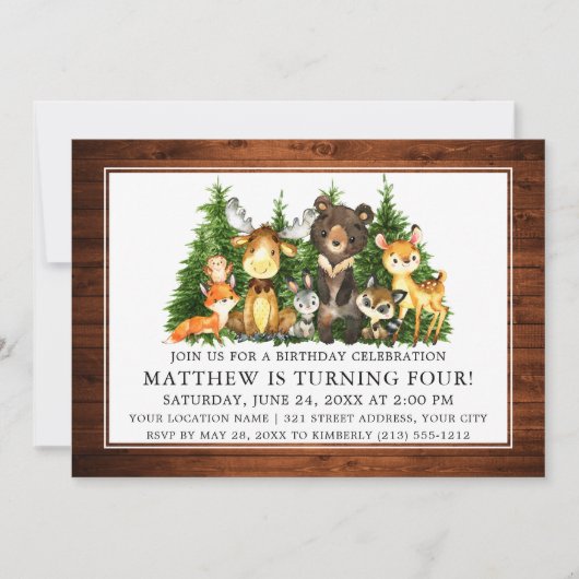 Birthday Watercolor Woodland Tiere Holz Einladung (Vorderseite)