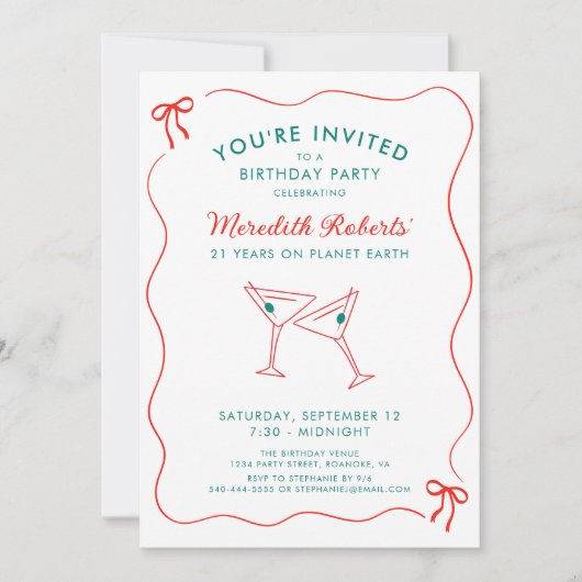 Birthday Wavy Border with Bows Party Einladung (Vorderseite)