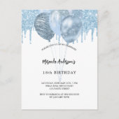 Birthday, weiß blauen Ballons Glitzer Tropfen Einladungspostkarte (Vorderseite)