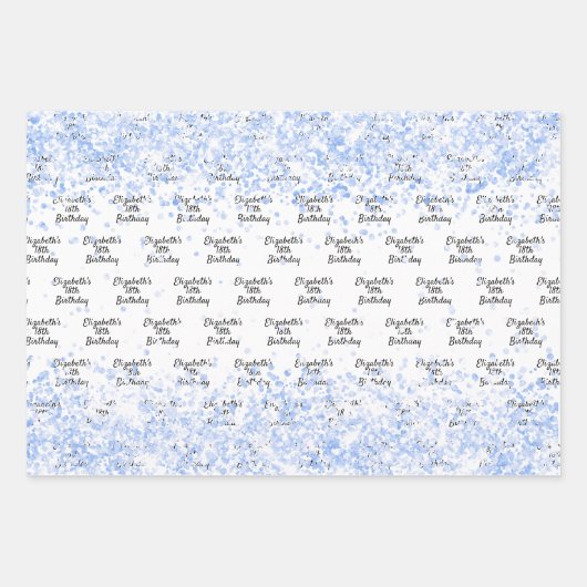 Birthday weißer hellblauer Konfetti Funkelname Geschenkpapier Set (Vorderseite 3)