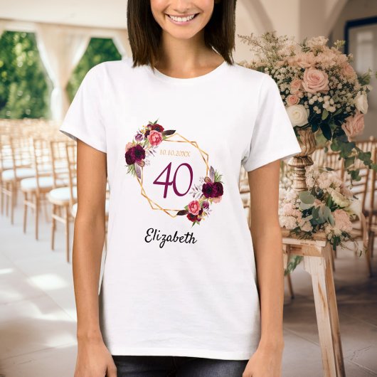 Birthday Weißgold Bordeaux Blüten T-Shirt