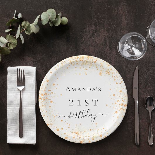 Birthday-Weißgold-Glitzer Staub Foto Name Pappteller